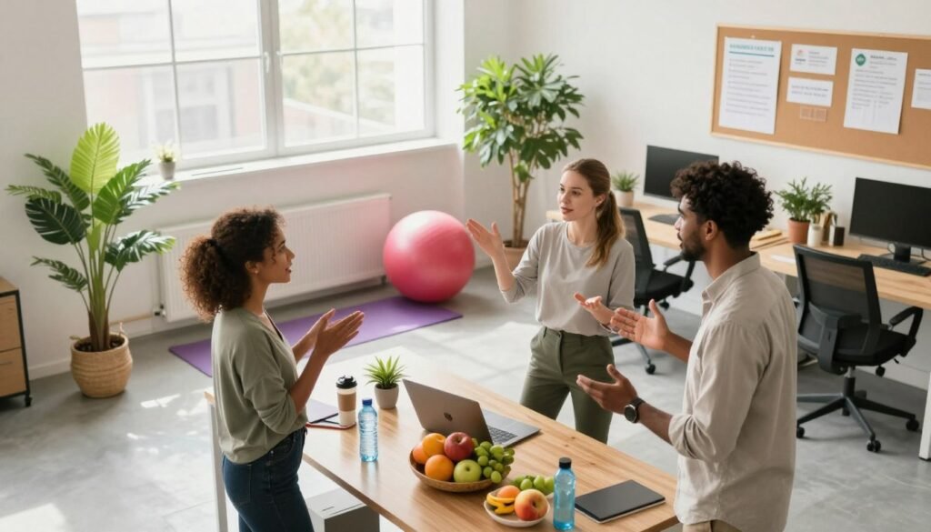 A modern office setting with a focus on promoting a healthy lifestyle at work. In the foreground, a diverse group of three professionals in smart casual attire—two women and one man—are engaging in a spirited discussion by a desk filled with fresh fruits, water bottles, and a small indoor plant. In the middle ground, a large window lets in natural light, illuminating a yoga mat and exercise ball, indicating a break area for physical activity. In the background, bright green plants enhance the workspace ambiance, and a bulletin board on the wall showcases wellness initiatives. The mood is energetic and positive, capturing the essence of a supportive work environment that fosters sustainable healthy habits. Soft, warm lighting enhances the inviting atmosphere, with a slight aerial view to provide an overview of the vibrant scene. A modern office setting with a focus on promoting a healthy lifestyle at work. In the foreground, a diverse group of three professionals in smart casual attire—two women and one man—are engaging in a spirited discussion by a desk filled with fresh fruits, water bottles, and a small indoor plant. In the middle ground, a large window lets in natural light, illuminating a yoga mat and exercise ball, indicating a break area for physical activity. In the background, bright green plants enhance the workspace ambiance, and a bulletin board on the wall showcases wellness initiatives. The mood is energetic and positive, capturing the essence of a supportive work environment that fosters sustainable healthy habits. Soft, warm lighting enhances the inviting atmosphere, with a slight aerial view to provide an overview of the vibrant scene.