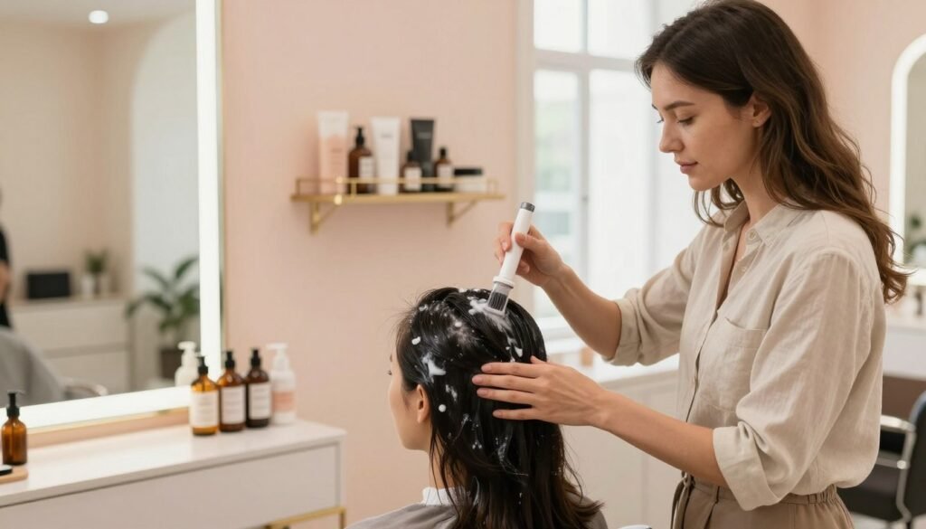 A serene and elegant salon interior, designed for hair treatments, showcasing a professional female hairstylist in modest casual clothing attending to a client with visible hair thinning. In the foreground, the hairstylist gently applies a nourishing hair treatment to the client's scalp, using a precision applicator. Soft, natural light filters through large windows, creating a warm and inviting atmosphere. The middle ground features beauty products and herbal remedies on a stylish shelf, symbolizing effective solutions for hair restoration. In the background, calming pastel colors enhance the tranquility of the scene, promoting a holistic approach to hair care. The overall mood is hopeful and empowering, reflecting a journey toward hair health and confidence. A serene and elegant salon interior, designed for hair treatments, showcasing a professional female hairstylist in modest casual clothing attending to a client with visible hair thinning. In the foreground, the hairstylist gently applies a nourishing hair treatment to the client's scalp, using a precision applicator. Soft, natural light filters through large windows, creating a warm and inviting atmosphere. The middle ground features beauty products and herbal remedies on a stylish shelf, symbolizing effective solutions for hair restoration. In the background, calming pastel colors enhance the tranquility of the scene, promoting a holistic approach to hair care. The overall mood is hopeful and empowering, reflecting a journey toward hair health and confidence.