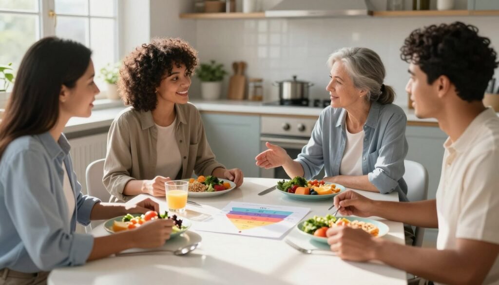 A serene and inviting kitchen scene where a diverse group of three individuals, dressed in professional yet casual attire, gather around a modern dining table. The foreground features colorful plates of healthy, balanced meals including fresh fruits, vegetables, and whole grains. In the middle, the group engages in discussion, with one person gesturing towards a colorful food pyramid chart on the table that illustrates balanced nutrition. The background shows a well-lit kitchen with sunlight streaming through a window, creating a warm and positive atmosphere. Soft shadows enhance the sense of depth. The overall mood is motivational and supportive, emphasizing teamwork and practical advice for maintaining weight after dieting. A serene and inviting kitchen scene where a diverse group of three individuals, dressed in professional yet casual attire, gather around a modern dining table. The foreground features colorful plates of healthy, balanced meals including fresh fruits, vegetables, and whole grains. In the middle, the group engages in discussion, with one person gesturing towards a colorful food pyramid chart on the table that illustrates balanced nutrition. The background shows a well-lit kitchen with sunlight streaming through a window, creating a warm and positive atmosphere. Soft shadows enhance the sense of depth. The overall mood is motivational and supportive, emphasizing teamwork and practical advice for maintaining weight after dieting.
