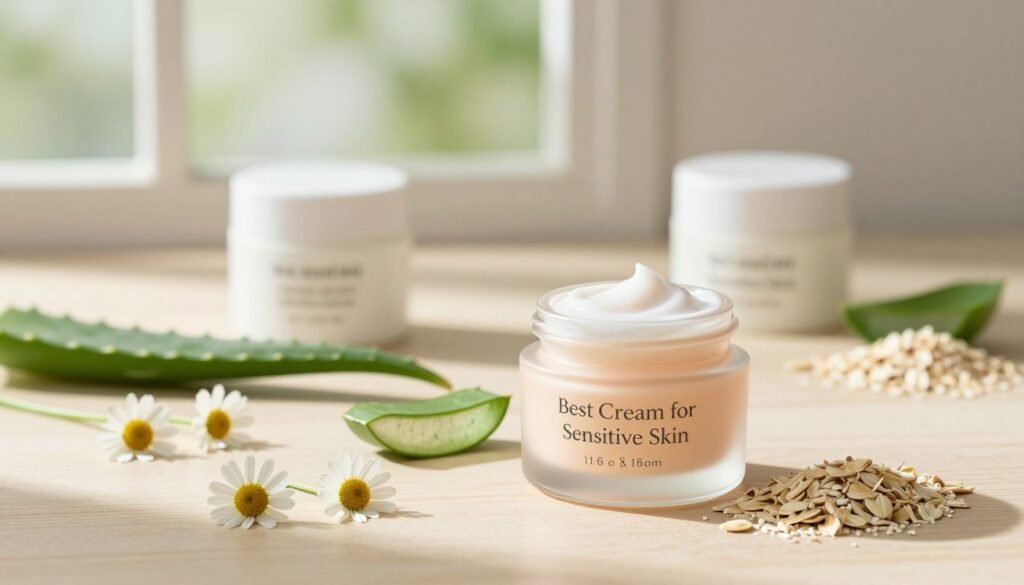 A serene flat-lay composition featuring several jars of high-quality skincare creams specifically formulated for sensitive skin. In the foreground, a beautifully designed glass jar labeled "Best Cream for Sensitive Skin" with a soft pastel color. Surrounding it, there are fresh ingredients like chamomile flowers, aloe vera leaves, and oatmeal, representing the effective natural components. The middle ground has delicate shadows created by the natural daylight coming from a window, casting a warm glow on the products. In the background, a softly blurred motif of calming nature, such as a light green foliage or a wooden surface, enhancing the peaceful atmosphere. The overall mood is soothing and inviting, emphasizing care for delicate skin. A serene flat-lay composition featuring several jars of high-quality skincare creams specifically formulated for sensitive skin. In the foreground, a beautifully designed glass jar labeled "Best Cream for Sensitive Skin" with a soft pastel color. Surrounding it, there are fresh ingredients like chamomile flowers, aloe vera leaves, and oatmeal, representing the effective natural components. The middle ground has delicate shadows created by the natural daylight coming from a window, casting a warm glow on the products. In the background, a softly blurred motif of calming nature, such as a light green foliage or a wooden surface, enhancing the peaceful atmosphere. The overall mood is soothing and inviting, emphasizing care for delicate skin.