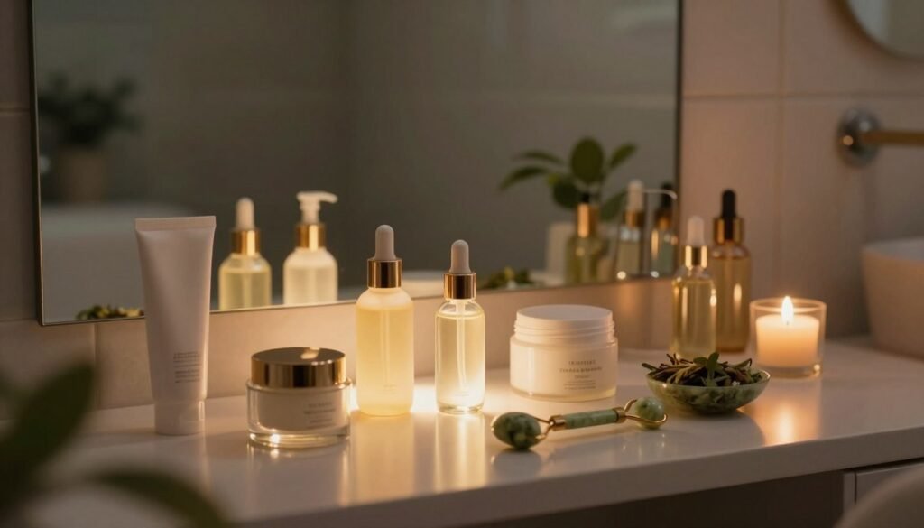 A serene night scene showcasing a luxurious skincare routine. In the foreground, a beautifully arranged vanity table features elegant glass containers filled with various skincare products like serums, moisturizers, and facial oils, reflecting soft and warm candlelight. A delicate jade roller lies beside a small bowl of fresh botanicals. In the middle, a gentle, glowing aura surrounds the products, enhancing their appeal for achieving glass-like skin. Soft shadows create a calming atmosphere, promoting relaxation. The background shows a softly lit bathroom with a large mirror that reflects the serene scene. The setting is tidy, with hints of greenery to evoke a refreshing, rejuvenating vibe, emphasizing the importance of nighttime skincare rituals for luminous skin. The scene is peaceful, evoking feelings of tranquility and self-care. A serene night scene showcasing a luxurious skincare routine. In the foreground, a beautifully arranged vanity table features elegant glass containers filled with various skincare products like serums, moisturizers, and facial oils, reflecting soft and warm candlelight. A delicate jade roller lies beside a small bowl of fresh botanicals. In the middle, a gentle, glowing aura surrounds the products, enhancing their appeal for achieving glass-like skin. Soft shadows create a calming atmosphere, promoting relaxation. The background shows a softly lit bathroom with a large mirror that reflects the serene scene. The setting is tidy, with hints of greenery to evoke a refreshing, rejuvenating vibe, emphasizing the importance of nighttime skincare rituals for luminous skin. The scene is peaceful, evoking feelings of tranquility and self-care.