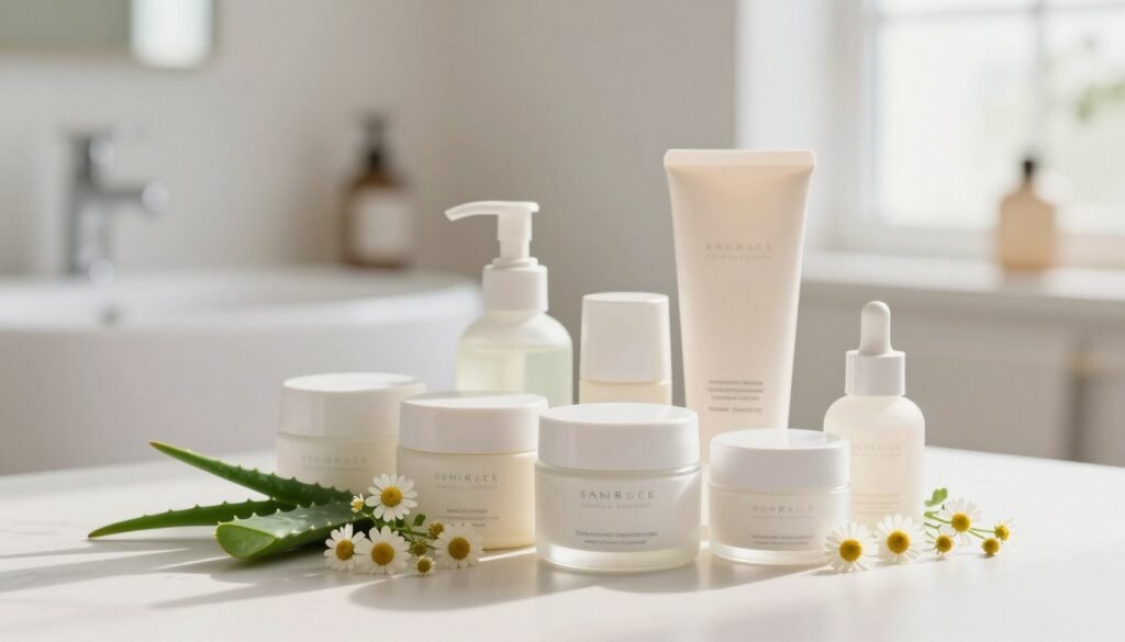 A serene, softly lit scene showcasing a collection of high-quality skincare products specifically designed for sensitive skin. In the foreground, prominently display a neatly arranged set of various cream jars and tubes with elegant packaging, reflecting light with a gentle sheen. In the middle ground, include delicate botanical elements like chamomile flowers and aloe vera leaves, symbolizing natural ingredients. The background should be a soft, blurred depiction of a minimalist bathroom setting, featuring natural light streaming in through a window, creating a tranquil and inviting atmosphere. Use a subtle color palette of soft whites and pastels to evoke feelings of calmness and care. The overall mood should be soothing, emphasizing self-care and the importance of choosing the right skincare for sensitive skin. A serene, softly lit scene showcasing a collection of high-quality skincare products specifically designed for sensitive skin. In the foreground, prominently display a neatly arranged set of various cream jars and tubes with elegant packaging, reflecting light with a gentle sheen. In the middle ground, include delicate botanical elements like chamomile flowers and aloe vera leaves, symbolizing natural ingredients. The background should be a soft, blurred depiction of a minimalist bathroom setting, featuring natural light streaming in through a window, creating a tranquil and inviting atmosphere. Use a subtle color palette of soft whites and pastels to evoke feelings of calmness and care. The overall mood should be soothing, emphasizing self-care and the importance of choosing the right skincare for sensitive skin.
