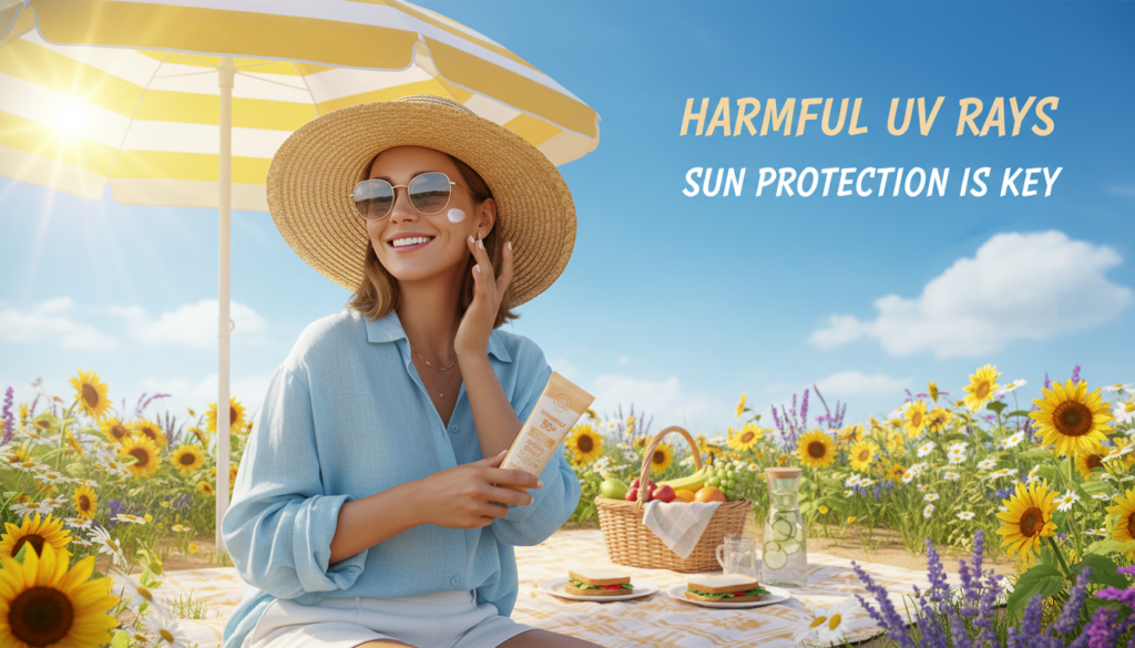 A sun protection scene illustrating "الحماية من الشمس وأشعتها الضارة." In the foreground, a cheerful person wearing a wide-brimmed hat and sunglasses applies sunscreen to their face, dressed in professional summer attire. The middle ground features a picnic setting with a beach umbrella providing shade, surrounded by summer flowers. In the background, a clear blue sky with soft, fluffy clouds and the sun shining brightly, casting warm light onto the scene. The overall atmosphere is uplifting and serene, emphasizing the importance of sun safety. Utilize soft, natural lighting to enhance the radiant skin tone and the vibrant colors of the setting. The image should evoke a sense of care and mindfulness towards skin health, inviting viewers to appreciate the beauty of sun protection. A sun protection scene illustrating "الحماية من الشمس وأشعتها الضارة." In the foreground, a cheerful person wearing a wide-brimmed hat and sunglasses applies sunscreen to their face, dressed in professional summer attire. The middle ground features a picnic setting with a beach umbrella providing shade, surrounded by summer flowers. In the background, a clear blue sky with soft, fluffy clouds and the sun shining brightly, casting warm light onto the scene. The overall atmosphere is uplifting and serene, emphasizing the importance of sun safety. Utilize soft, natural lighting to enhance the radiant skin tone and the vibrant colors of the setting. The image should evoke a sense of care and mindfulness towards skin health, inviting viewers to appreciate the beauty of sun protection.