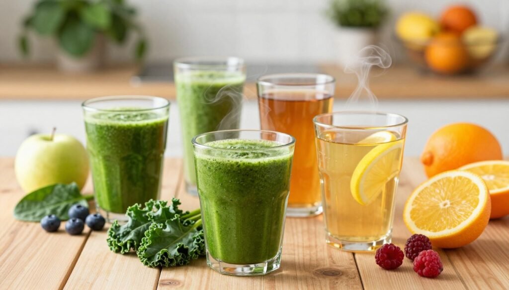 A vibrant display of healthy drinks for fat burning and weight loss, featuring an assortment of colorful smoothies and herbal teas in clear glass cups. In the foreground, a bright green detox smoothie made with spinach, kale, and apple sits next to a refreshing lemon and ginger tea, exuding steam. The middle of the scene includes a wooden table with fresh fruits like berries and citrus scattered around, enhancing the natural ambiance. In the background, soft, diffused lighting creates a warm atmosphere, with a blurred kitchen setting that includes green plants and fruit bowls. The mood is healthy and invigorating, perfect for illustrating a focus on nutritious beverages aimed at weight loss. A vibrant display of healthy drinks for fat burning and weight loss, featuring an assortment of colorful smoothies and herbal teas in clear glass cups. In the foreground, a bright green detox smoothie made with spinach, kale, and apple sits next to a refreshing lemon and ginger tea, exuding steam. The middle of the scene includes a wooden table with fresh fruits like berries and citrus scattered around, enhancing the natural ambiance. In the background, soft, diffused lighting creates a warm atmosphere, with a blurred kitchen setting that includes green plants and fruit bowls. The mood is healthy and invigorating, perfect for illustrating a focus on nutritious beverages aimed at weight loss.