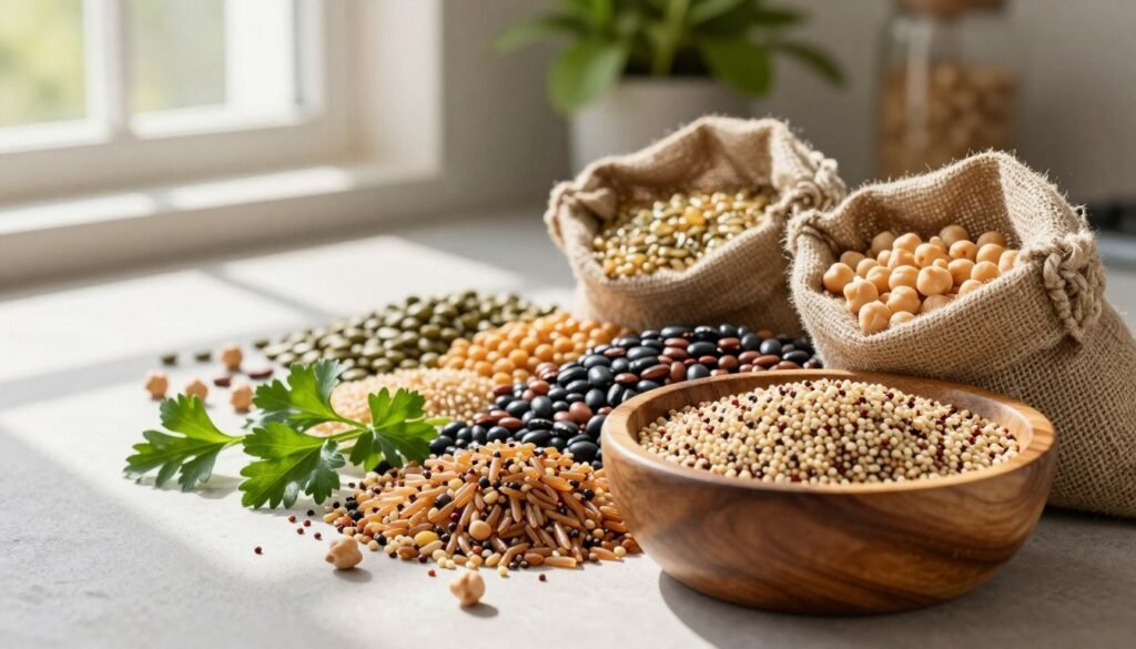 A vibrant display of whole grains and legumes, focusing on quinoa, brown rice, lentils, and chickpeas, beautifully arranged in a rustic wooden bowl. In the foreground, sprinkle fresh herbs like parsley and coriander for added color. The middle section features a softly lit kitchen countertop adorned with grains and legumes spilling gently from burlap sacks. Natural sunlight streams in from a nearby window, casting gentle shadows and enhancing the warm tones of the ingredients. The background shows a blurred view of green plants, creating an atmosphere of wellness and fertility. This image evokes a sense of nourishment and health, emphasizing the importance of whole foods for hormonal balance and boosting fertility. A vibrant display of whole grains and legumes, focusing on quinoa, brown rice, lentils, and chickpeas, beautifully arranged in a rustic wooden bowl. In the foreground, sprinkle fresh herbs like parsley and coriander for added color. The middle section features a softly lit kitchen countertop adorned with grains and legumes spilling gently from burlap sacks. Natural sunlight streams in from a nearby window, casting gentle shadows and enhancing the warm tones of the ingredients. The background shows a blurred view of green plants, creating an atmosphere of wellness and fertility. This image evokes a sense of nourishment and health, emphasizing the importance of whole foods for hormonal balance and boosting fertility.