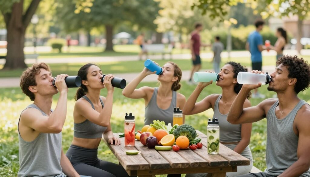 A vibrant, healthy lifestyle scene focused on hydration. In the foreground, a diverse group of individuals in modest athletic clothing, smiling and joyfully drinking water from stylish reusable bottles after a workout. In the middle ground, a wooden picnic table adorned with fresh fruits, vegetables, and water-infused drinks, emphasizing nutritious choices. The background features a sunlit park with greenery and trees, people engaging in various outdoor activities, creating a sense of community and wellness. Soft, natural lighting enhances the cheerful atmosphere, invoking a feeling of vitality. The composition captures a harmonious blend of health, hydration, and an active lifestyle without any text or distractions. A vibrant, healthy lifestyle scene focused on hydration. In the foreground, a diverse group of individuals in modest athletic clothing, smiling and joyfully drinking water from stylish reusable bottles after a workout. In the middle ground, a wooden picnic table adorned with fresh fruits, vegetables, and water-infused drinks, emphasizing nutritious choices. The background features a sunlit park with greenery and trees, people engaging in various outdoor activities, creating a sense of community and wellness. Soft, natural lighting enhances the cheerful atmosphere, invoking a feeling of vitality. The composition captures a harmonious blend of health, hydration, and an active lifestyle without any text or distractions.