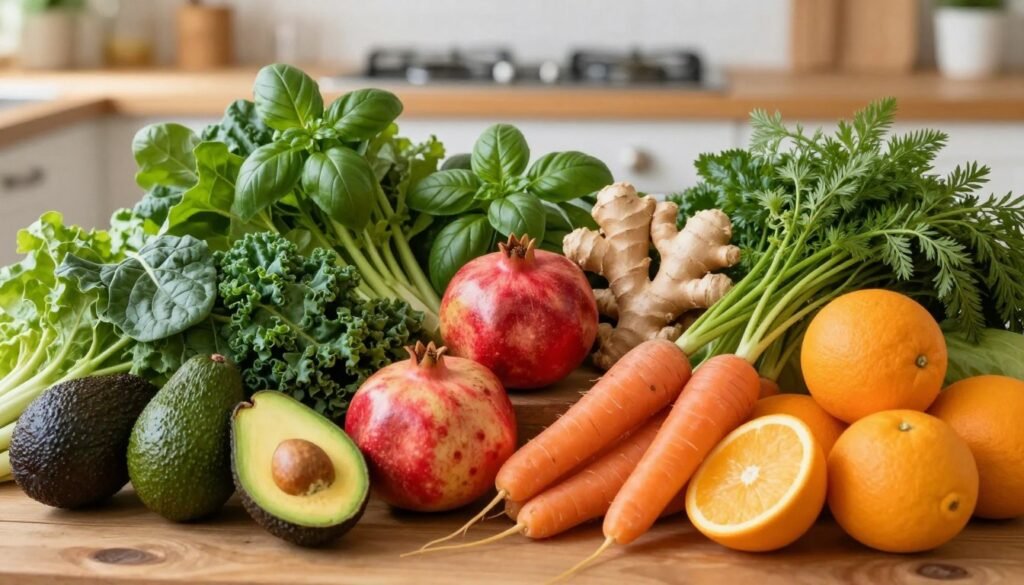 A vibrant still life composition featuring a variety of fertility-enhancing vegetables and fruits. In the foreground, showcase colorful organic produce such as ripe avocados, pomegranates, leafy greens like spinach and kale, sweet carrots, and bright oranges. In the middle ground, place a rustic wooden table, filled with herbs like basil and ginger, symbolizing health and balance. The background should be softly blurred, hinting at a sunlit kitchen environment to create warmth and vitality. Use soft, natural lighting to highlight the textures and colors of the produce, evoking a fresh and inviting atmosphere. The image should feel uplifting and nourishing, perfect for illustrating the concept of enhancing reproductive health through natural foods. A vibrant still life composition featuring a variety of fertility-enhancing vegetables and fruits. In the foreground, showcase colorful organic produce such as ripe avocados, pomegranates, leafy greens like spinach and kale, sweet carrots, and bright oranges. In the middle ground, place a rustic wooden table, filled with herbs like basil and ginger, symbolizing health and balance. The background should be softly blurred, hinting at a sunlit kitchen environment to create warmth and vitality. Use soft, natural lighting to highlight the textures and colors of the produce, evoking a fresh and inviting atmosphere. The image should feel uplifting and nourishing, perfect for illustrating the concept of enhancing reproductive health through natural foods.