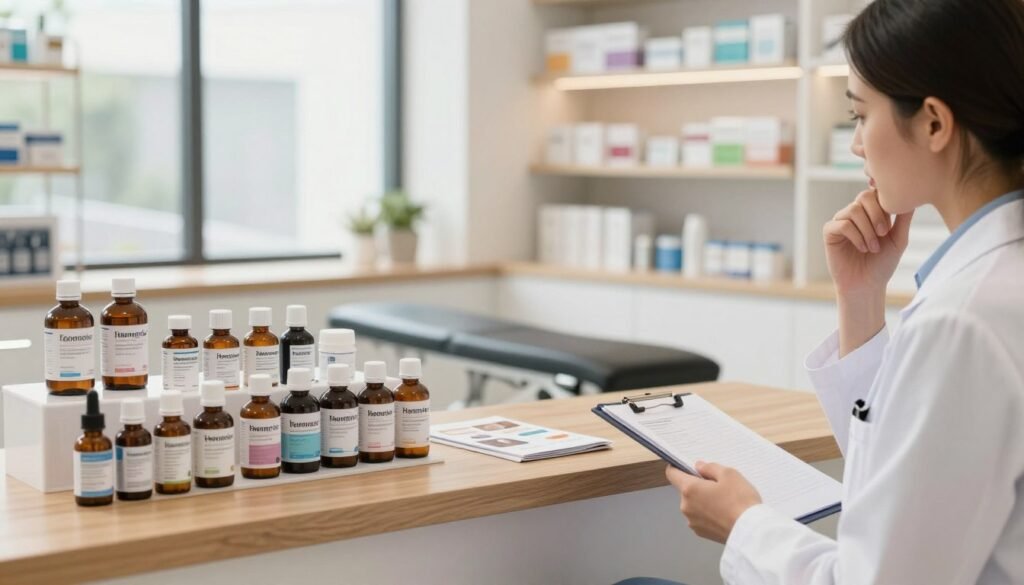 A well-organized pharmacy display in a bright, modern consulting room, featuring a variety of hair loss treatment bottles, including topical solutions and oral medications, arranged neatly on a wooden counter. In the foreground, a medical professional in a white coat is examining the products with a thoughtful expression, holding a notepad for notes. The middle of the image showcases a sleek, stylish consultation table with a hair loss educational pamphlet. The background includes shelves stocked with more packaging options, softly lit to create an inviting atmosphere. Natural light streams in through a large window, adding warmth. The overall mood is professional and reassuring, emphasizing informed choices in medication for hair loss treatment. A well-organized pharmacy display in a bright, modern consulting room, featuring a variety of hair loss treatment bottles, including topical solutions and oral medications, arranged neatly on a wooden counter. In the foreground, a medical professional in a white coat is examining the products with a thoughtful expression, holding a notepad for notes. The middle of the image showcases a sleek, stylish consultation table with a hair loss educational pamphlet. The background includes shelves stocked with more packaging options, softly lit to create an inviting atmosphere. Natural light streams in through a large window, adding warmth. The overall mood is professional and reassuring, emphasizing informed choices in medication for hair loss treatment.
