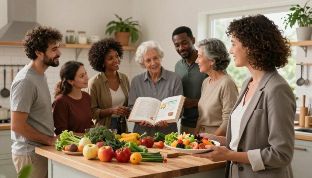 A balanced and diverse group of people of various ages and ethnicities, standing together in a cozy, inviting kitchen, discussing food options. In the foreground, a woman in a professional business attire holds a colorful plate of healthy, vibrant food. The middle ground features an open cookbook with recipes, surrounded by fresh ingredients like fruits and vegetables, emphasizing a healthy lifestyle. The background includes a warm and well-lit space with plants and cooking utensils. Soft, natural light filters through the window, creating a welcoming atmosphere, while the scene conveys a sense of community and inclusivity. Aim for a digital art style that captures the essence of collaboration and the benefits of a wholesome diet. A balanced and diverse group of people of various ages and ethnicities, standing together in a cozy, inviting kitchen, discussing food options. In the foreground, a woman in a professional business attire holds a colorful plate of healthy, vibrant food. The middle ground features an open cookbook with recipes, surrounded by fresh ingredients like fruits and vegetables, emphasizing a healthy lifestyle. The background includes a warm and well-lit space with plants and cooking utensils. Soft, natural light filters through the window, creating a welcoming atmosphere, while the scene conveys a sense of community and inclusivity. Aim for a digital art style that captures the essence of collaboration and the benefits of a wholesome diet.