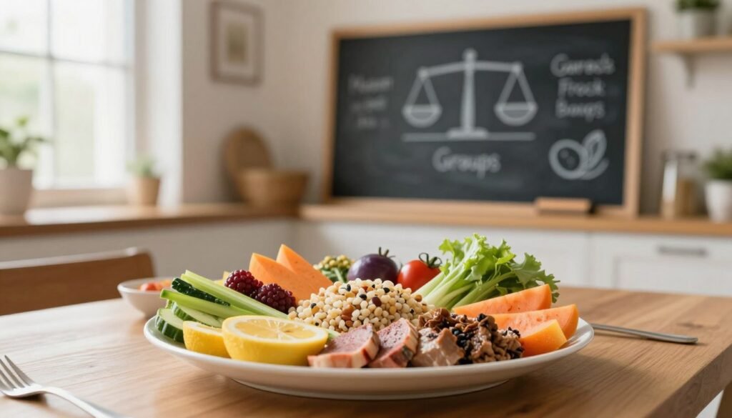A balanced meal composition showcasing a vibrant array of healthy foods on a dining table in a cozy, well-lit kitchen. In the foreground, a beautifully arranged plate with colorful fruits, vegetables, whole grains, and lean proteins is placed. The middle ground features a chalkboard displaying various food groups with symbols of balance, like a scale. In the background, soft sunlight filters through a window, illuminating the space, creating a warm and inviting atmosphere. The focus should evoke a sense of harmony in nutrition, with a slight depth of field effect to emphasize the centerpiece. The mood should feel uplifting and inspiring, reflecting the idea of personal nutrition balance without distractions or text. A balanced meal composition showcasing a vibrant array of healthy foods on a dining table in a cozy, well-lit kitchen. In the foreground, a beautifully arranged plate with colorful fruits, vegetables, whole grains, and lean proteins is placed. The middle ground features a chalkboard displaying various food groups with symbols of balance, like a scale. In the background, soft sunlight filters through a window, illuminating the space, creating a warm and inviting atmosphere. The focus should evoke a sense of harmony in nutrition, with a slight depth of field effect to emphasize the centerpiece. The mood should feel uplifting and inspiring, reflecting the idea of personal nutrition balance without distractions or text.