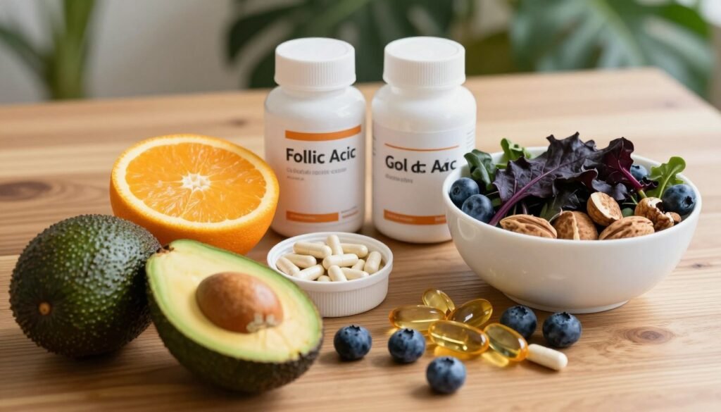 A beautiful arrangement of essential nutrients that improve egg quality, prominently displayed on a wooden table. In the foreground, vibrant fruits such as avocados, oranges, and blueberries symbolize vitamins and antioxidants. Beside them, a bowl of dark leafy greens and nuts, emphasizing omega-3 fatty acids, sits elegantly. In the middle, supplements like folic acid and vitamin D capsules are neatly arranged. The background features soft, out-of-focus greenery that conveys a natural, health-focused atmosphere. The lighting is warm and inviting, creating a sense of wellness and positivity, captured from a top-down angle to highlight the visual appeal of each element, evoking the importance of nutrition in fertility. A beautiful arrangement of essential nutrients that improve egg quality, prominently displayed on a wooden table. In the foreground, vibrant fruits such as avocados, oranges, and blueberries symbolize vitamins and antioxidants. Beside them, a bowl of dark leafy greens and nuts, emphasizing omega-3 fatty acids, sits elegantly. In the middle, supplements like folic acid and vitamin D capsules are neatly arranged. The background features soft, out-of-focus greenery that conveys a natural, health-focused atmosphere. The lighting is warm and inviting, creating a sense of wellness and positivity, captured from a top-down angle to highlight the visual appeal of each element, evoking the importance of nutrition in fertility.