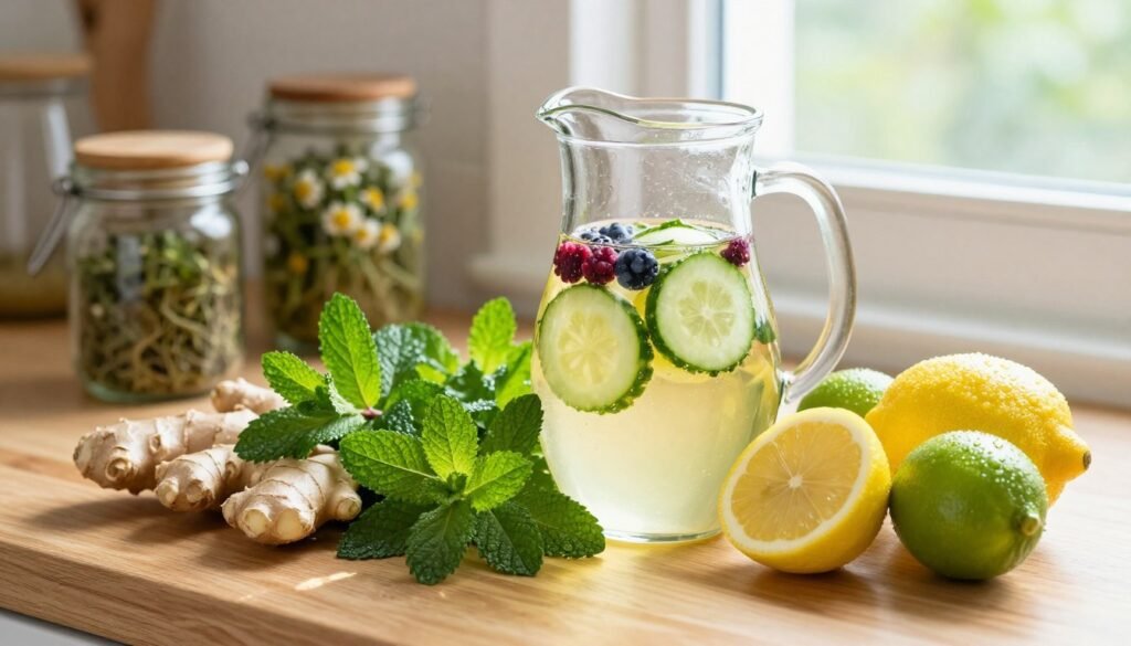 A beautifully arranged assortment of herbs and natural drinks that promote fat burning, set on a wooden kitchen countertop. In the foreground, vibrant green mint leaves and sprigs of ginger are accompanied by fresh lemons and limes, glistening with dew. In the middle, a glass pitcher filled with a refreshing herbal drink is adorned with slices of cucumber and a few berries, casting subtle reflections of sunlight. Behind, soft-focus images of additional herbs like green tea and chamomile can be seen in rustic jars. The lighting is bright and natural, streaming gently from a nearby window, creating a warm and inviting atmosphere. The overall mood conveys health, vitality, and the refreshing essence of natural wellness.