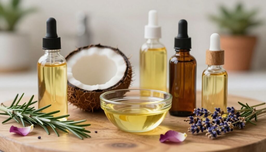 A beautifully arranged display of natural oils for dry and damaged hair, including bottles of argan oil, coconut oil, and jojoba oil. In the foreground, the oils are set on a wooden surface, surrounded by fresh herbal ingredients like rosemary and lavender, and a few scattered rose petals. In the middle, a small glass bowl contains a mix of the oils, reflecting soft golden light. The background features a softly blurred bathroom setting with a hint of potted plants. The lighting is warm and inviting, highlighting the textures of the oils and the natural beauty of the scene. The overall mood is calming and nurturing, emphasizing the care for dry hair. A beautifully arranged display of natural oils for dry and damaged hair, including bottles of argan oil, coconut oil, and jojoba oil. In the foreground, the oils are set on a wooden surface, surrounded by fresh herbal ingredients like rosemary and lavender, and a few scattered rose petals. In the middle, a small glass bowl contains a mix of the oils, reflecting soft golden light. The background features a softly blurred bathroom setting with a hint of potted plants. The lighting is warm and inviting, highlighting the textures of the oils and the natural beauty of the scene. The overall mood is calming and nurturing, emphasizing the care for dry hair.