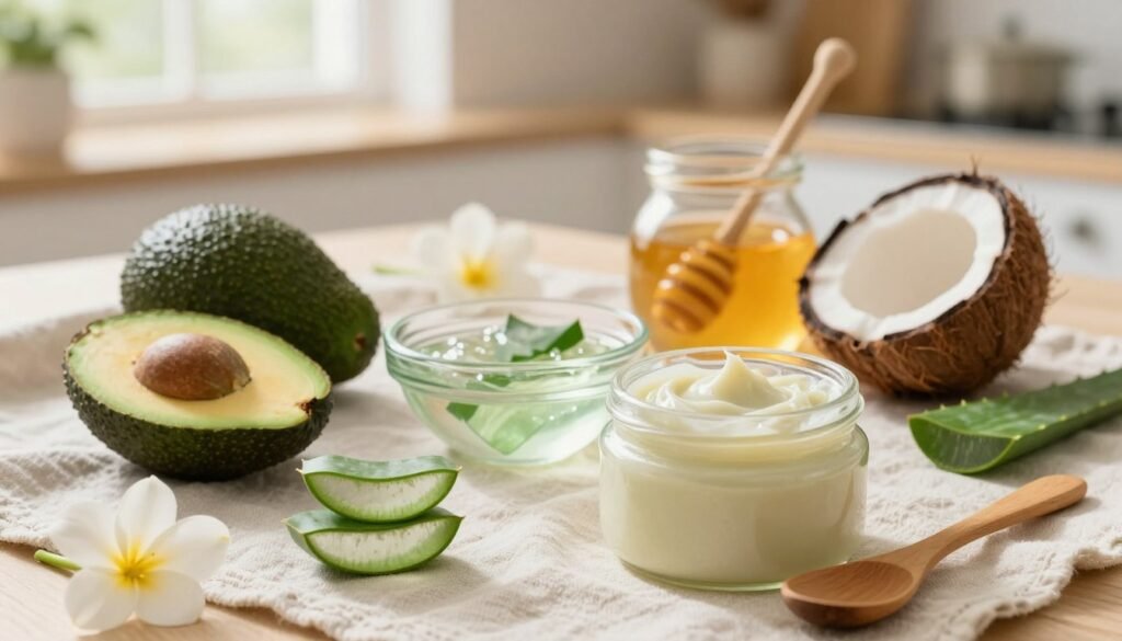A beautifully arranged flat lay of natural hair moisturizing ingredients, including avocados, coconut oil, honey, and aloe vera, on a soft, textured fabric. In the foreground, a glass jar filled with a creamy hair mask, with a wooden spoon resting beside it. The middle of the image features a small bowl of fresh aloe vera gel, surrounded by scattered leaves and flowers. The background softly blurs, showcasing a warm, inviting kitchen environment with sunlight streaming through a window, creating a soothing and inviting atmosphere. The lighting is soft and natural, highlighting the vibrant colors of the ingredients. The overall mood is calm and nurturing, perfect for conveying effective natural hair care. A beautifully arranged flat lay of natural hair moisturizing ingredients, including avocados, coconut oil, honey, and aloe vera, on a soft, textured fabric. In the foreground, a glass jar filled with a creamy hair mask, with a wooden spoon resting beside it. The middle of the image features a small bowl of fresh aloe vera gel, surrounded by scattered leaves and flowers. The background softly blurs, showcasing a warm, inviting kitchen environment with sunlight streaming through a window, creating a soothing and inviting atmosphere. The lighting is soft and natural, highlighting the vibrant colors of the ingredients. The overall mood is calm and nurturing, perfect for conveying effective natural hair care.