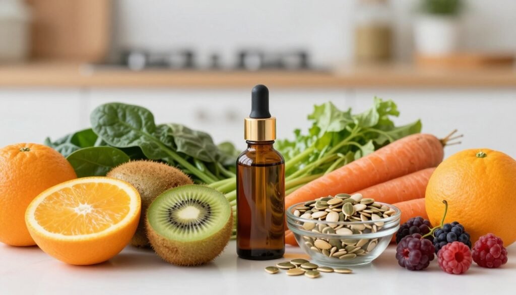 A beautifully arranged flat lay showcasing natural and dietary sources of skin vitamins. In the foreground, vibrant fruits like oranges, kiwis, and berries are artfully placed alongside fresh vegetables such as spinach and carrots. A bowl of nuts and seeds, rich in vitamin E, is included, adding texture. The middle ground features a glass bottle of essential oils, symbolizing nourishment for skin health. The background is softly blurred, suggesting a serene kitchen setting with warm, natural lighting that highlights the freshness of the ingredients. The overall mood is inviting and healthy, evoking a sense of wellness and vitality, perfect for illustrating the concept of skin vitamin sources. A beautifully arranged flat lay showcasing natural and dietary sources of skin vitamins. In the foreground, vibrant fruits like oranges, kiwis, and berries are artfully placed alongside fresh vegetables such as spinach and carrots. A bowl of nuts and seeds, rich in vitamin E, is included, adding texture. The middle ground features a glass bottle of essential oils, symbolizing nourishment for skin health. The background is softly blurred, suggesting a serene kitchen setting with warm, natural lighting that highlights the freshness of the ingredients. The overall mood is inviting and healthy, evoking a sense of wellness and vitality, perfect for illustrating the concept of skin vitamin sources.