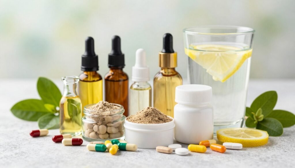 A beautifully arranged still life featuring an array of dietary supplements specifically for enhancing skin and hair health. In the foreground, display different colored capsules and tablets, showcasing their vibrant hues. Include a stylish glass of water with lemon slices, representing hydration. In the middle, feature elegant jars of natural oils and powders, like argan oil and biotin, surrounded by fresh botanical elements like green leaves or flowers. The background should have a soft-focus aesthetic with a calming color palette, resembling a serene spa environment. Utilize natural, bright lighting to create a fresh and inviting atmosphere, with a shallow depth of field for a professional look, conveying wellness and beauty. The image should evoke a sense of health and vitality without any text or branding elements. A beautifully arranged still life featuring an array of dietary supplements specifically for enhancing skin and hair health. In the foreground, display different colored capsules and tablets, showcasing their vibrant hues. Include a stylish glass of water with lemon slices, representing hydration. In the middle, feature elegant jars of natural oils and powders, like argan oil and biotin, surrounded by fresh botanical elements like green leaves or flowers. The background should have a soft-focus aesthetic with a calming color palette, resembling a serene spa environment. Utilize natural, bright lighting to create a fresh and inviting atmosphere, with a shallow depth of field for a professional look, conveying wellness and beauty. The image should evoke a sense of health and vitality without any text or branding elements.