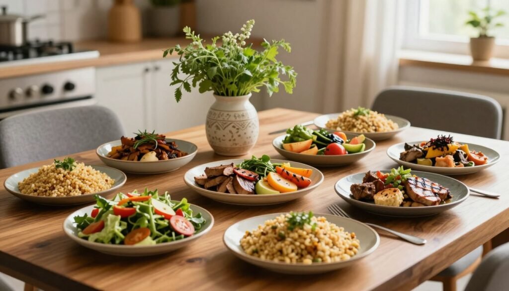 A beautifully arranged wooden dining table filled with a variety of healthy and colorful dishes reflecting the "Nizam Al-Tayyibat" food program. In the foreground, vibrant salads, grilled vegetables, whole grains, and lean proteins are artfully presented on ceramic plates, showcasing fresh ingredients and appealing textures. The middle ground features a charming vase with fresh herbs, symbolizing the natural aspect of healthy eating. The background displays softly blurred kitchen elements, suggesting a warm, inviting ambiance with natural light filtering in through a window. The atmosphere is serene and uplifting, promoting a sense of wellness and nourishing meals. Use a warm color palette to enhance the inviting feel, and capture the image with a slightly elevated angle, focusing on the table's inviting layout. A beautifully arranged wooden dining table filled with a variety of healthy and colorful dishes reflecting the "Nizam Al-Tayyibat" food program. In the foreground, vibrant salads, grilled vegetables, whole grains, and lean proteins are artfully presented on ceramic plates, showcasing fresh ingredients and appealing textures. The middle ground features a charming vase with fresh herbs, symbolizing the natural aspect of healthy eating. The background displays softly blurred kitchen elements, suggesting a warm, inviting ambiance with natural light filtering in through a window. The atmosphere is serene and uplifting, promoting a sense of wellness and nourishing meals. Use a warm color palette to enhance the inviting feel, and capture the image with a slightly elevated angle, focusing on the table's inviting layout.