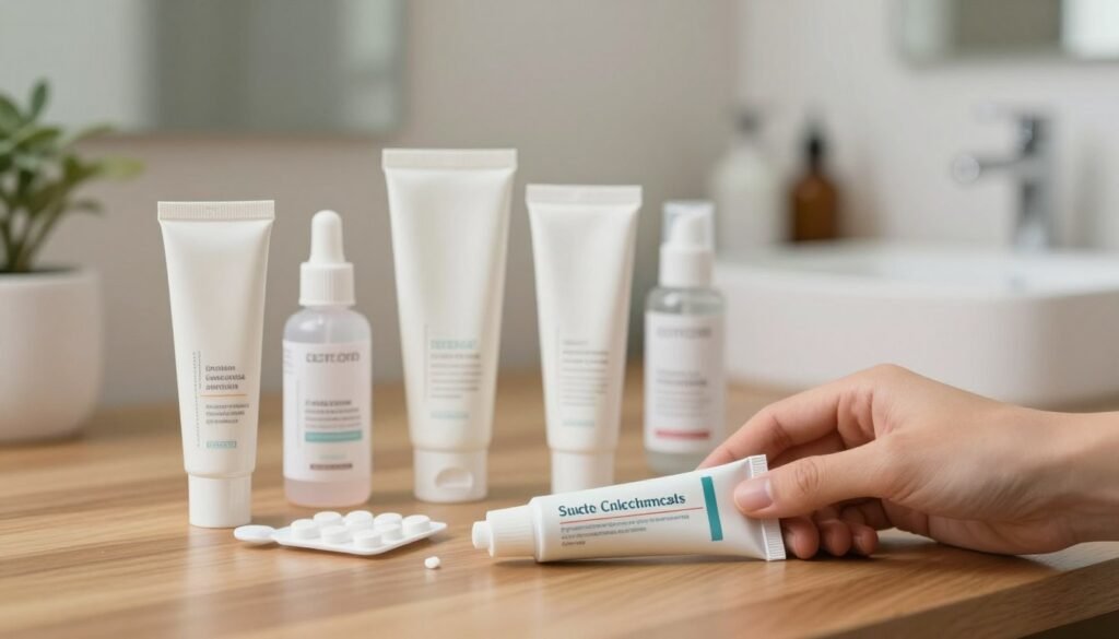 A clean and organized workspace featuring a selection of topical acne treatments, including cream tubes, gel containers, and antibiotic ointment, arranged aesthetically on a wooden tabletop. In the foreground, a gentle hand reaches toward a tube of acne cream, showcasing the application process. The middle ground features beautifully designed product packaging, with soft, diffused lighting highlighting the textures of each item. The background shows a softly blurred bathroom setting, with a mirror and subtle greenery, creating a fresh and soothing atmosphere. The overall mood should convey a sense of calm and confidence in skincare routines, with warm lighting to enhance the inviting feel. Focus on realism and clarity, ensuring an educational and engaging depiction. A clean and organized workspace featuring a selection of topical acne treatments, including cream tubes, gel containers, and antibiotic ointment, arranged aesthetically on a wooden tabletop. In the foreground, a gentle hand reaches toward a tube of acne cream, showcasing the application process. The middle ground features beautifully designed product packaging, with soft, diffused lighting highlighting the textures of each item. The background shows a softly blurred bathroom setting, with a mirror and subtle greenery, creating a fresh and soothing atmosphere. The overall mood should convey a sense of calm and confidence in skincare routines, with warm lighting to enhance the inviting feel. Focus on realism and clarity, ensuring an educational and engaging depiction.