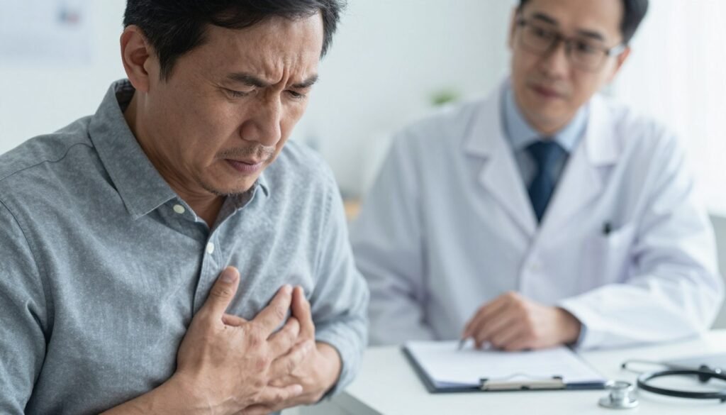 A close-up image of a concerned middle-aged male patient in a doctor's office, clutching his chest in discomfort, wearing a modest button-up shirt, looking apprehensive. In the background, a focused healthcare professional dressed in a white lab coat observes with a clinical demeanor, highlighting the urgency of heart health. Soft, diffused lighting creates a calm yet serious atmosphere, with a slightly blurred medical chart and stethoscope on the desk hinting at a medical evaluation. The angle of the shot is slightly from below, emphasizing the patient's expression of worry without any text or distractions. This composition aims to convey the seriousness of heart symptoms and the importance of seeking medical attention.