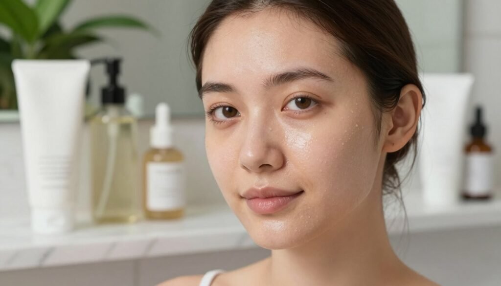 A close-up portrait of a young adult woman with oily skin, her complexion glowing with natural radiance. She is in a softly lit bathroom, surrounded by various skincare products like cleansers, toners, and moisturizers specifically designed for oily skin. The foreground captures the woman's face with a gentle expression, showcasing her clear skin and slightly dewy forehead. The middle ground features neatly arranged skincare items on a marble countertop, emphasizing a clean and organized space. The background subtly hints at lush green plants, suggesting a refreshing and calming atmosphere. The overall mood is serene and empowering, evoking a sense of confidence and effective skincare routines. A close-up portrait of a young adult woman with oily skin, her complexion glowing with natural radiance. She is in a softly lit bathroom, surrounded by various skincare products like cleansers, toners, and moisturizers specifically designed for oily skin. The foreground captures the woman's face with a gentle expression, showcasing her clear skin and slightly dewy forehead. The middle ground features neatly arranged skincare items on a marble countertop, emphasizing a clean and organized space. The background subtly hints at lush green plants, suggesting a refreshing and calming atmosphere. The overall mood is serene and empowering, evoking a sense of confidence and effective skincare routines.