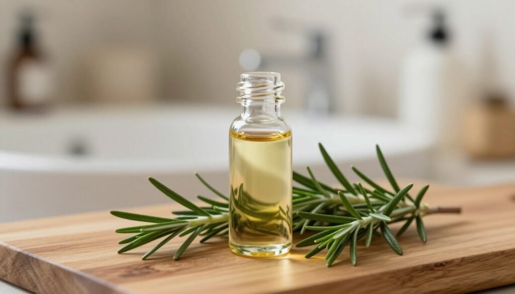 A close-up view of a glass bottle of rosemary oil placed elegantly on a wooden surface. The bottle should be surrounded by fresh rosemary sprigs, reflecting the natural origins of the oil. In the background, a softly lit bathroom scene with calming, neutral colors, and gentle shadows to create a soothing atmosphere. Warm, diffused lighting emphasizes the earthy tones of the wood and the vibrant green of the rosemary, enhancing a sense of tranquility and wellness. The scene conveys a message of care and caution, ideal for promoting the health benefits of rosemary oil for hair. Capture this serene moment with a shallow depth of field, focusing on the bottle and rosemary, while the background remains softly blurred. A close-up view of a glass bottle of rosemary oil placed elegantly on a wooden surface. The bottle should be surrounded by fresh rosemary sprigs, reflecting the natural origins of the oil. In the background, a softly lit bathroom scene with calming, neutral colors, and gentle shadows to create a soothing atmosphere. Warm, diffused lighting emphasizes the earthy tones of the wood and the vibrant green of the rosemary, enhancing a sense of tranquility and wellness. The scene conveys a message of care and caution, ideal for promoting the health benefits of rosemary oil for hair. Capture this serene moment with a shallow depth of field, focusing on the bottle and rosemary, while the background remains softly blurred.