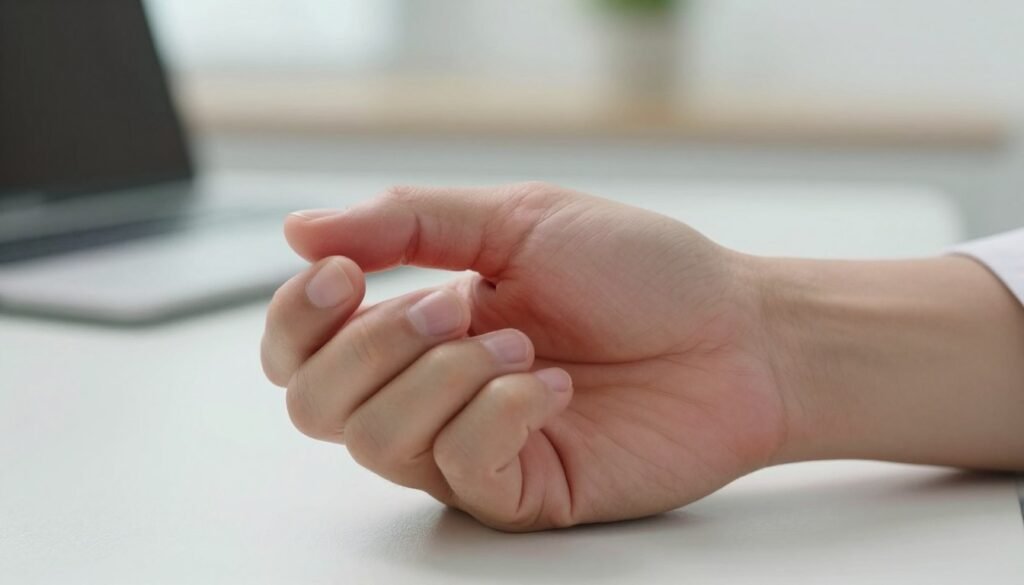 A close-up view of a human hand highlighting the thumb and wrist area, demonstrating symptoms of thumb tendonitis. The hand is shown in a professional context, resting on a light-colored surface, with the thumb slightly flexed to reveal swelling and redness around the tendon. Soft, natural lighting illuminates the scene, creating gentle shadows that emphasize the contours of the hand. In the background, a blurred office environment suggests a medical setting, such as a doctor's office, with neutral colors to maintain focus on the hand. The mood is clinical and informative, aimed at conveying the seriousness of the condition while remaining approachable and professional.