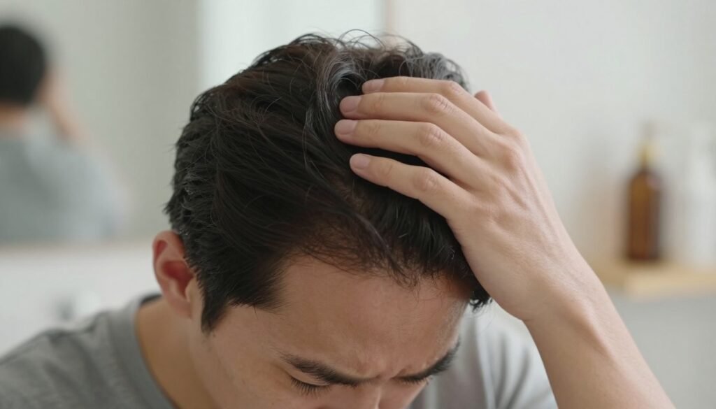 A close-up view of a person gently scratching their scalp, conveying a sense of mild discomfort. The individual, dressed in modest casual clothing, has a concerned expression to illustrate the topic of scalp itchiness. In the foreground, showcase the hand's movement against the scalp, with natural light highlighting the hair and skin for an intimate feel. The middle layer should depict the person's head with a soft-focus background of a well-lit, serene bathroom environment featuring subtle hints of hair care products, suggesting a focus on treatment options. The overall mood is calm yet informative, emphasizing the need for medical attention in a professional yet relatable setting. A close-up view of a person gently scratching their scalp, conveying a sense of mild discomfort. The individual, dressed in modest casual clothing, has a concerned expression to illustrate the topic of scalp itchiness. In the foreground, showcase the hand's movement against the scalp, with natural light highlighting the hair and skin for an intimate feel. The middle layer should depict the person's head with a soft-focus background of a well-lit, serene bathroom environment featuring subtle hints of hair care products, suggesting a focus on treatment options. The overall mood is calm yet informative, emphasizing the need for medical attention in a professional yet relatable setting.