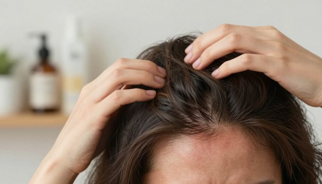 A close-up view of a person gently scratching their scalp, showcasing a variety of textures and shades of hair under soft, natural lighting. The foreground features the hand visibly interacting with the scalp, conveying a sense of urgency and relief. In the middle ground, mildly irritated skin peeks through the hair, with subtle redness indicating discomfort. The background is softly blurred, revealing a serene bathroom setting with soothing bottles of natural oils and hair care products on a shelf, enhancing the theme of treatment and care. The overall atmosphere is calm yet focused, emphasizing wellness and practical solutions for scalp itchiness. A close-up view of a person gently scratching their scalp, showcasing a variety of textures and shades of hair under soft, natural lighting. The foreground features the hand visibly interacting with the scalp, conveying a sense of urgency and relief. In the middle ground, mildly irritated skin peeks through the hair, with subtle redness indicating discomfort. The background is softly blurred, revealing a serene bathroom setting with soothing bottles of natural oils and hair care products on a shelf, enhancing the theme of treatment and care. The overall atmosphere is calm yet focused, emphasizing wellness and practical solutions for scalp itchiness.