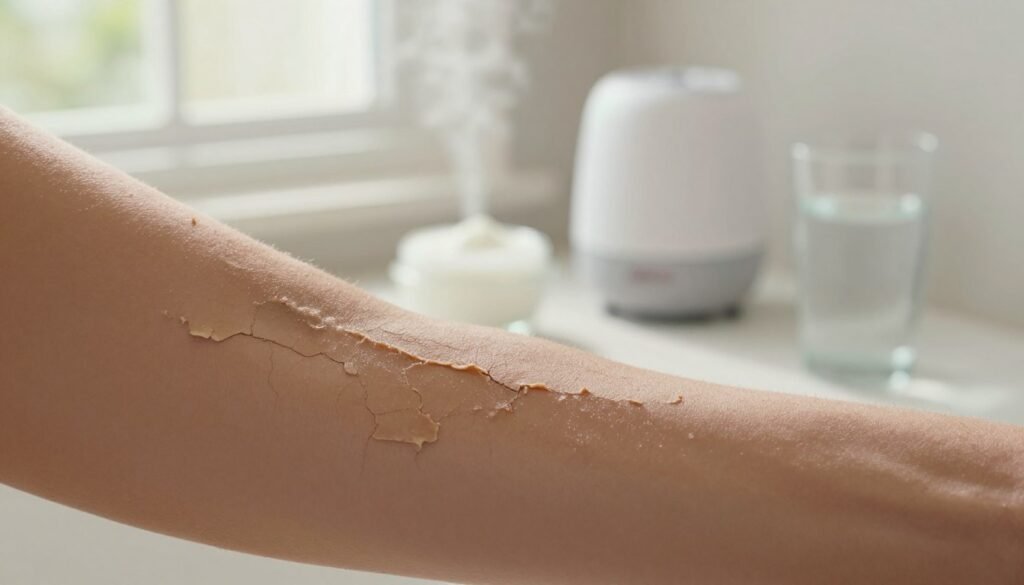 A close-up view of dry skin on a human arm, showcasing visible cracks and flaky patches to highlight the causes of skin dryness. In the foreground, the skin texture is detailed, capturing the roughness and dehydration. In the middle ground, include a subtle representation of common factors contributing to dryness, such as a small bowl of moisturizer, a humidifier, and a glass of water, all arranged aesthetically. The background features a soft-focus view of a bright bathroom with natural light streaming in from a window, creating an inviting and calming atmosphere. The overall mood should be informative and serene, emphasizing skin care awareness. Use a warm color palette with soft shadows and a slight vignette for depth. A close-up view of dry skin on a human arm, showcasing visible cracks and flaky patches to highlight the causes of skin dryness. In the foreground, the skin texture is detailed, capturing the roughness and dehydration. In the middle ground, include a subtle representation of common factors contributing to dryness, such as a small bowl of moisturizer, a humidifier, and a glass of water, all arranged aesthetically. The background features a soft-focus view of a bright bathroom with natural light streaming in from a window, creating an inviting and calming atmosphere. The overall mood should be informative and serene, emphasizing skin care awareness. Use a warm color palette with soft shadows and a slight vignette for depth.