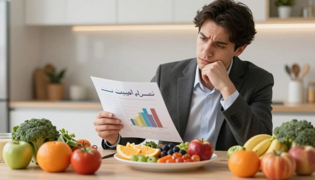 A conceptual illustration focusing on the health risks and drawbacks of a "healthy lifestyle" diet (نظام الطيبات). In the foreground, depict a balanced meal with vibrant fruits and vegetables, contrasted by subtle hints of processed foods, representing potential dietary pitfalls. In the middle ground, include a thoughtful individual, dressed in professional business attire, analyzing a chart of health risks, with a concerned expression. The background should feature a blurred out kitchen setting, radiating a warm, inviting light that symbolizes the allure of healthy eating but also hints at its complexities. Use soft, natural lighting to create an informative yet slightly alarming atmosphere, encouraging viewers to reflect on the implications of their dietary choices. Aim for a balanced composition that conveys the dual nature of the topic. A conceptual illustration focusing on the health risks and drawbacks of a "healthy lifestyle" diet (نظام الطيبات). In the foreground, depict a balanced meal with vibrant fruits and vegetables, contrasted by subtle hints of processed foods, representing potential dietary pitfalls. In the middle ground, include a thoughtful individual, dressed in professional business attire, analyzing a chart of health risks, with a concerned expression. The background should feature a blurred out kitchen setting, radiating a warm, inviting light that symbolizes the allure of healthy eating but also hints at its complexities. Use soft, natural lighting to create an informative yet slightly alarming atmosphere, encouraging viewers to reflect on the implications of their dietary choices. Aim for a balanced composition that conveys the dual nature of the topic.