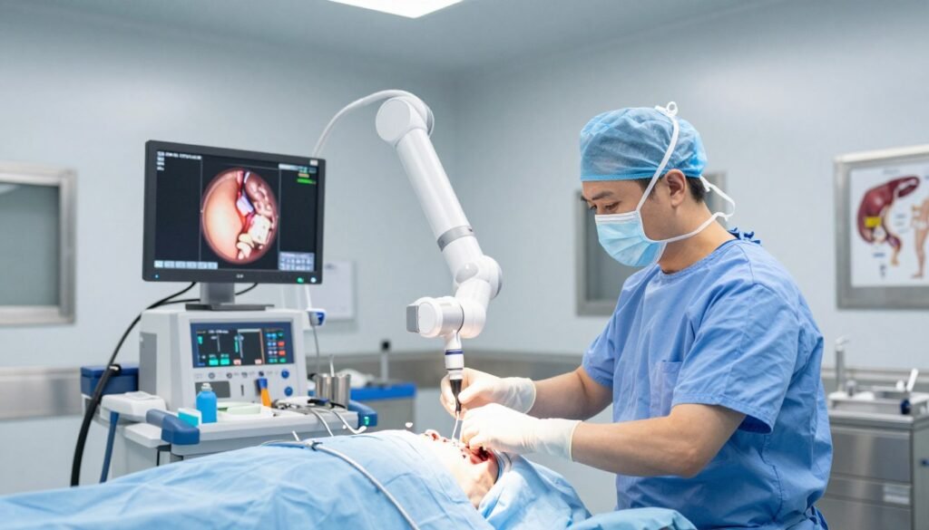 A contemporary surgical room showcasing minimally invasive surgical procedures. In the foreground, a skilled surgeon in professional scrubs, wearing gloves and a mask, is expertly maneuvering a robotic surgical device, focused on a high-tech monitor displaying a patient's abdomen. In the middle ground, you can see a surgical table with advanced equipment and instruments neatly organized, emphasizing precision and care. The background features soft, sterile lighting that enhances a clean, calm atmosphere, with light reflections on metallic surfaces. A few anatomical charts of abdomen and limbs are subtly displayed on the walls, contributing to a professional medical ambiance. The entire scene conveys a sense of advanced techniques and patient-centered care, highlighting the importance of minimally invasive procedures in modern surgery. A contemporary surgical room showcasing minimally invasive surgical procedures. In the foreground, a skilled surgeon in professional scrubs, wearing gloves and a mask, is expertly maneuvering a robotic surgical device, focused on a high-tech monitor displaying a patient's abdomen. In the middle ground, you can see a surgical table with advanced equipment and instruments neatly organized, emphasizing precision and care. The background features soft, sterile lighting that enhances a clean, calm atmosphere, with light reflections on metallic surfaces. A few anatomical charts of abdomen and limbs are subtly displayed on the walls, contributing to a professional medical ambiance. The entire scene conveys a sense of advanced techniques and patient-centered care, highlighting the importance of minimally invasive procedures in modern surgery.