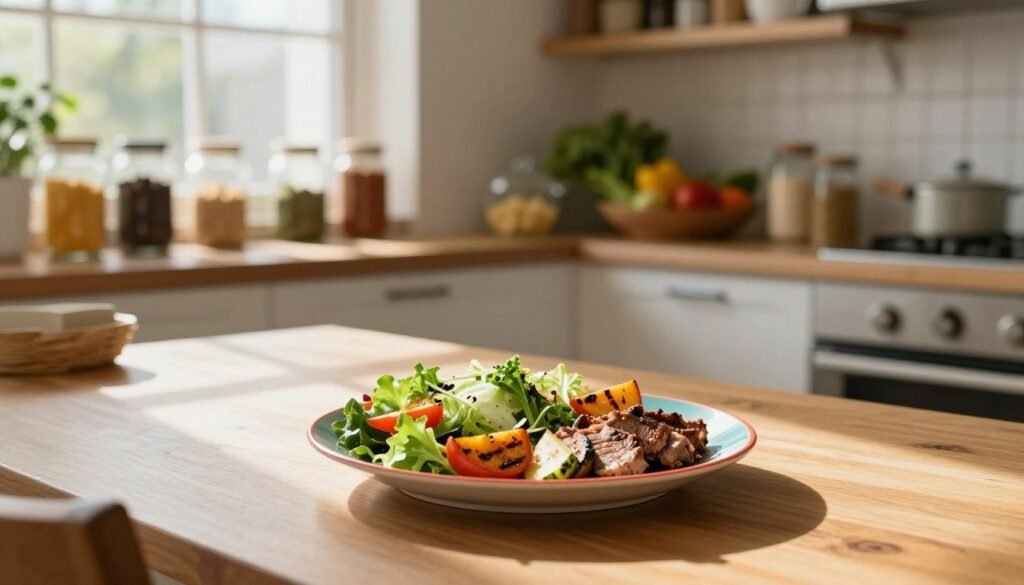A cozy kitchen scene showcasing the beginning of a healthy eating journey, focusing on a single, beautifully presented meal. In the foreground, a wooden dining table with a vibrant, colorful plate featuring a fresh salad, grilled vegetables, and a portion of lean protein. The middle layer includes soft, natural lighting filtering through a window, casting warm shadows and highlighting the textures of the food. In the background, shelves filled with jars of spices, whole grains, and fresh produce create an inviting atmosphere. The mood is calm and welcoming, suggesting simplicity and intention in meal preparation. The composition is framed from a slight angle to emphasize the meal while keeping a tidy kitchen ambiance. A cozy kitchen scene showcasing the beginning of a healthy eating journey, focusing on a single, beautifully presented meal. In the foreground, a wooden dining table with a vibrant, colorful plate featuring a fresh salad, grilled vegetables, and a portion of lean protein. The middle layer includes soft, natural lighting filtering through a window, casting warm shadows and highlighting the textures of the food. In the background, shelves filled with jars of spices, whole grains, and fresh produce create an inviting atmosphere. The mood is calm and welcoming, suggesting simplicity and intention in meal preparation. The composition is framed from a slight angle to emphasize the meal while keeping a tidy kitchen ambiance.