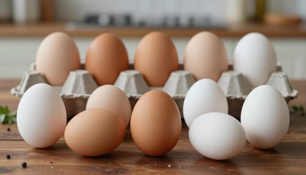 A detailed composition showcasing various prohibited forms of eggs in a visual representation. In the foreground, vividly illustrated eggs of different shapes and sizes, including distinctly unusual forms such as elongated and irregularly shaped eggs, arranged on an elegant, dark wooden table. The middle layer features soft, natural lighting that highlights the textures and colors of the eggs, casting gentle shadows around them. In the background, a soft-focus kitchen setting with hints of herbs and spices to evoke a sense of culinary context. The mood is informative yet inviting, encouraging viewers to explore the reasons behind the restrictions on these egg shapes within a healthy dietary framework. The use of a shallow depth of field emphasizes the foreground eggs while maintaining a clean and professional appearance.