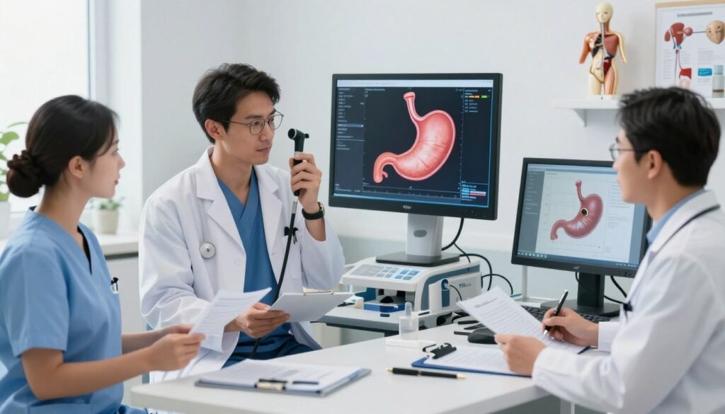 A detailed illustration depicting the accurate diagnosis of stomach ulcers and gastritis. In the foreground, a diverse group of healthcare professionals in professional attire, including a male doctor holding an endoscope, a female nurse reviewing patient charts, and a technician operating diagnostic equipment. In the middle ground, a clear view of a digital display showing gastric imaging results and anatomical diagrams of the stomach. The background features a well-lit, modern medical office with anatomical models and interactive diagnostic tools. The atmosphere is focused and professional, conveying a sense of precision and care in the diagnostic process. Soft, natural lighting enhances the clarity of the scene, capturing the essence of medical expertise and teamwork. A detailed illustration depicting the accurate diagnosis of stomach ulcers and gastritis. In the foreground, a diverse group of healthcare professionals in professional attire, including a male doctor holding an endoscope, a female nurse reviewing patient charts, and a technician operating diagnostic equipment. In the middle ground, a clear view of a digital display showing gastric imaging results and anatomical diagrams of the stomach. The background features a well-lit, modern medical office with anatomical models and interactive diagnostic tools. The atmosphere is focused and professional, conveying a sense of precision and care in the diagnostic process. Soft, natural lighting enhances the clarity of the scene, capturing the essence of medical expertise and teamwork.