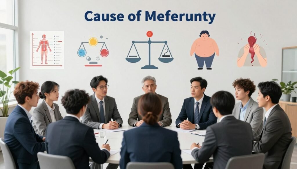 A detailed illustration depicting the causes of male infertility. In the foreground, feature a diverse group of men in professional business attire, engaged in thoughtful discussion while surrounded by visual representations of infertility issues. In the middle, include symbolic elements such as medical charts, hormonal balance diagrams, and lifestyle factors like smoking, obesity, and stress illustrated with subtle icons. The background should show a serene office space with soft, natural lighting coming from a window, creating a calm atmosphere. Use a wide-angle lens perspective to give depth to the scene, emphasizing the importance of the topic. The overall mood should be informative and serious, highlighting the significance of understanding fertility challenges in men. A detailed illustration depicting the causes of male infertility. In the foreground, feature a diverse group of men in professional business attire, engaged in thoughtful discussion while surrounded by visual representations of infertility issues. In the middle, include symbolic elements such as medical charts, hormonal balance diagrams, and lifestyle factors like smoking, obesity, and stress illustrated with subtle icons. The background should show a serene office space with soft, natural lighting coming from a window, creating a calm atmosphere. Use a wide-angle lens perspective to give depth to the scene, emphasizing the importance of the topic. The overall mood should be informative and serious, highlighting the significance of understanding fertility challenges in men.