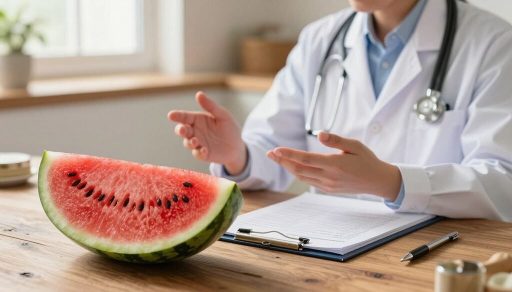 A detailed illustration showing the impact of watermelon on individuals with diabetes and kidney issues. In the foreground, a sliced watermelon is placed on a rustic wooden table, its vibrant red flesh and black seeds prominent. Beside it, an open medical chart with health data, symbolizing the relationship between watermelon and health concerns. In the middle ground, a healthcare professional, dressed in a white coat, thoughtfully examines the chart while gesturing towards the watermelon, embodying the essence of cautious dietary choices. The background features a soft-focus, tranquil kitchen setting, illuminated by warm natural light coming through a window, enhancing the informative atmosphere. The overall mood should be reflective and educational, emphasizing the importance of understanding food choices in relation to health conditions like diabetes and kidney disease. A detailed illustration showing the impact of watermelon on individuals with diabetes and kidney issues. In the foreground, a sliced watermelon is placed on a rustic wooden table, its vibrant red flesh and black seeds prominent. Beside it, an open medical chart with health data, symbolizing the relationship between watermelon and health concerns. In the middle ground, a healthcare professional, dressed in a white coat, thoughtfully examines the chart while gesturing towards the watermelon, embodying the essence of cautious dietary choices. The background features a soft-focus, tranquil kitchen setting, illuminated by warm natural light coming through a window, enhancing the informative atmosphere. The overall mood should be reflective and educational, emphasizing the importance of understanding food choices in relation to health conditions like diabetes and kidney disease.