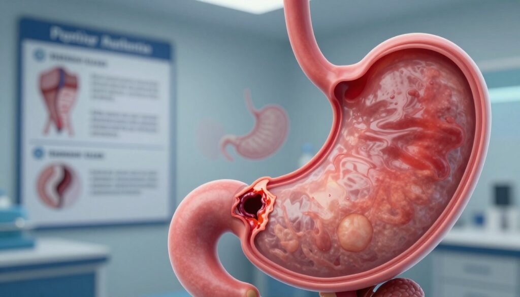 A detailed medical illustration contrasting the complications of untreated peptic ulcers versus gastritis. In the foreground, show a depiction of a human stomach with a clear division: one side illustrates a peptic ulcer with inflamed edges and potential perforation, while the other shows mild gastritis characterized by redness and swelling. In the middle ground, visualize potential complications like bleeding or scar tissue formation from the ulcer. The background features educational charts highlighting symptoms and risks, with soft, clinical lighting emphasizing the medical nature of the image. The atmosphere should evoke a sense of urgency and seriousness. The perspective should be slightly angled to give depth, resembling an educational medical diagram. A detailed medical illustration contrasting the complications of untreated peptic ulcers versus gastritis. In the foreground, show a depiction of a human stomach with a clear division: one side illustrates a peptic ulcer with inflamed edges and potential perforation, while the other shows mild gastritis characterized by redness and swelling. In the middle ground, visualize potential complications like bleeding or scar tissue formation from the ulcer. The background features educational charts highlighting symptoms and risks, with soft, clinical lighting emphasizing the medical nature of the image. The atmosphere should evoke a sense of urgency and seriousness. The perspective should be slightly angled to give depth, resembling an educational medical diagram.