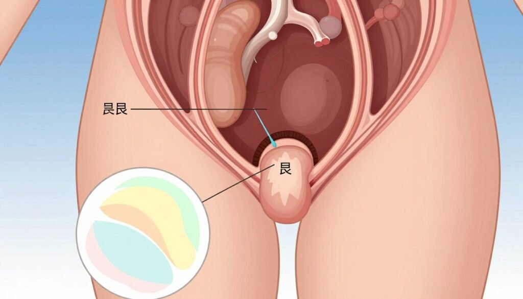 A detailed medical illustration depicting a benign growth near the vaginal area, showcasing the anatomical structure in a clear, informative manner. In the foreground, a stylized, color-coded diagram highlights the area of concern, using soft pastel colors for clarity. The middle ground features labeled organs in a gentle, educational style, emphasizing the difference between benign and problematic growths. The background should be a subtle gradient, providing focus on the foreground elements, conveying a calm and professional atmosphere. The lighting should be soft and even, simulating a clinical setting. Ensure the overall mood is informative and respectful, avoiding any explicit or inappropriate imagery.