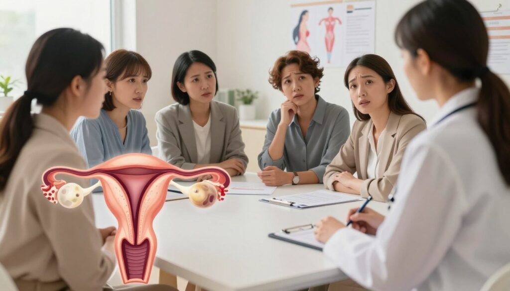 A detailed medical illustration depicting polycystic ovary syndrome (PCOS) and its impact on fertility and pregnancy. In the foreground, a clear, labeled diagram of the female reproductive system highlighting the ovaries, emphasizing multiple cysts. The middle layer includes a diverse group of women, dressed in professional business attire and involved in a discussion with a healthcare provider, looking concerned yet hopeful. In the background, a serene and softly lit clinic environment with medical charts and supportive imagery related to women's health. The lighting is warm and inviting, creating an atmosphere of empathy and understanding. The lens angle focuses on the interaction and the anatomical details, aiming to educate and inform the viewer about PCOS and its implications on pregnancy. The overall mood should be supportive and educational. A detailed medical illustration depicting polycystic ovary syndrome (PCOS) and its impact on fertility and pregnancy. In the foreground, a clear, labeled diagram of the female reproductive system highlighting the ovaries, emphasizing multiple cysts. The middle layer includes a diverse group of women, dressed in professional business attire and involved in a discussion with a healthcare provider, looking concerned yet hopeful. In the background, a serene and softly lit clinic environment with medical charts and supportive imagery related to women's health. The lighting is warm and inviting, creating an atmosphere of empathy and understanding. The lens angle focuses on the interaction and the anatomical details, aiming to educate and inform the viewer about PCOS and its implications on pregnancy. The overall mood should be supportive and educational.