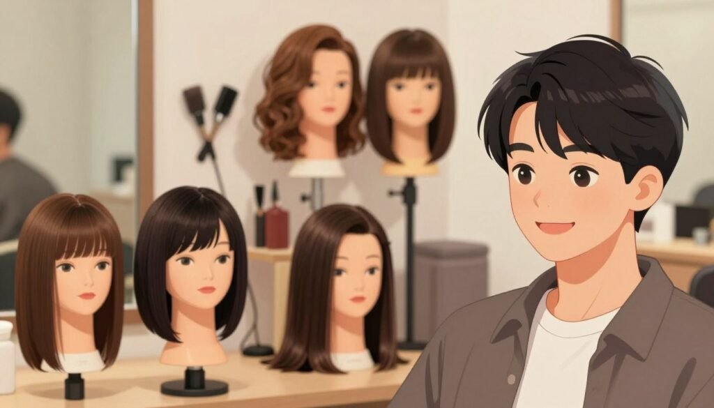A detailed split-scene illustration showing the impact of haircuts on hairstyles and overall appearance. In the foreground, a close-up of a person with a fresh haircut, showcasing sleek, well-styled hair, conveying confidence and beauty. The face should be expressive and joyful, dressed in modest casual clothing, ideal for a professional setting. In the middle, various hairstyles are displayed on a mannequin or model, demonstrating the different lengths and styles achievable through cutting; include diverse hair types and colors to represent a wide audience. In the background, a softly lit salon ambiance with professional tools and mirrors reflects a cozy, welcoming atmosphere. The lighting should be warm and inviting, creating a sense of comfort and relaxation, emphasizing the transformative power of a fresh haircut. A detailed split-scene illustration showing the impact of haircuts on hairstyles and overall appearance. In the foreground, a close-up of a person with a fresh haircut, showcasing sleek, well-styled hair, conveying confidence and beauty. The face should be expressive and joyful, dressed in modest casual clothing, ideal for a professional setting. In the middle, various hairstyles are displayed on a mannequin or model, demonstrating the different lengths and styles achievable through cutting; include diverse hair types and colors to represent a wide audience. In the background, a softly lit salon ambiance with professional tools and mirrors reflects a cozy, welcoming atmosphere. The lighting should be warm and inviting, creating a sense of comfort and relaxation, emphasizing the transformative power of a fresh haircut.