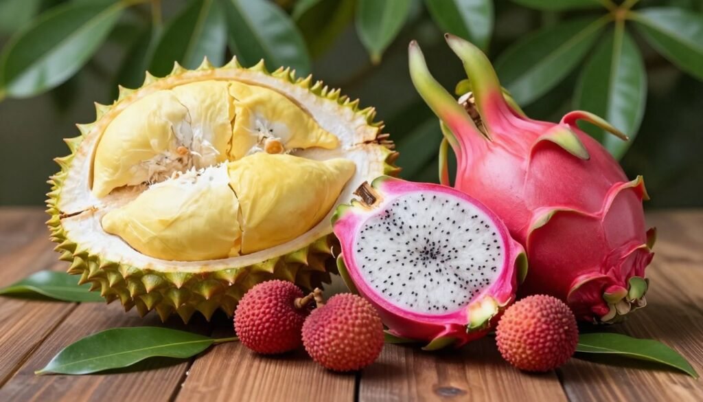 A detailed still life composition featuring a selection of forbidden fruits in the context of a healthy diet, prominently displaying items like durian, dragon fruit, and lychee, known for their high sugar content. The scene captures these exotic fruits nestled among a backdrop of lush green foliage, emphasizing their vibrant colors and unique textures. Soft, natural lighting enhances the richness of the fruits, creating gentle shadows and highlighting their surfaces. The foreground includes a textured wooden table with scattered leaves, while the middle ground showcases the fruits elegantly arranged. The background is softly blurred to draw attention to the fruits, evoking a sense of intrigue and allure. The overall mood is educational yet inviting, perfect for illustrating dietary restrictions without undermining the fruits' beauty. A detailed still life composition featuring a selection of forbidden fruits in the context of a healthy diet, prominently displaying items like durian, dragon fruit, and lychee, known for their high sugar content. The scene captures these exotic fruits nestled among a backdrop of lush green foliage, emphasizing their vibrant colors and unique textures. Soft, natural lighting enhances the richness of the fruits, creating gentle shadows and highlighting their surfaces. The foreground includes a textured wooden table with scattered leaves, while the middle ground showcases the fruits elegantly arranged. The background is softly blurred to draw attention to the fruits, evoking a sense of intrigue and allure. The overall mood is educational yet inviting, perfect for illustrating dietary restrictions without undermining the fruits' beauty.