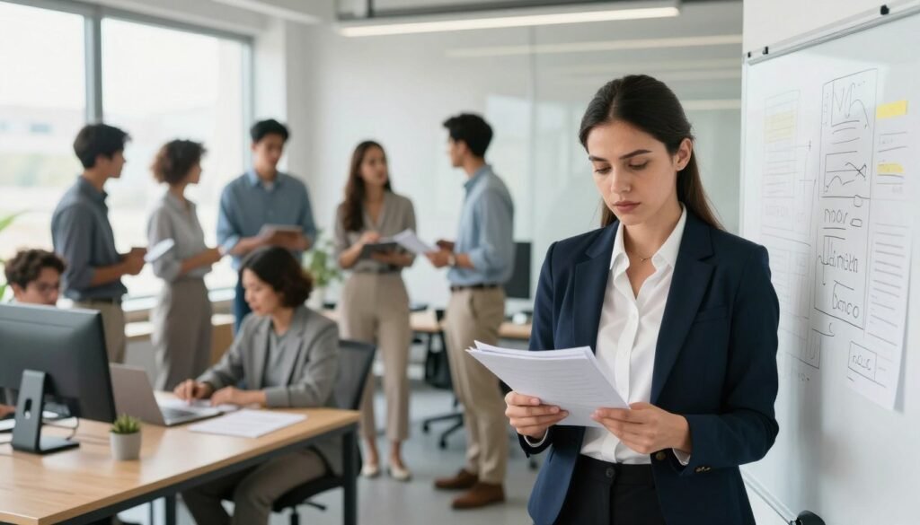 A determined professional woman is standing at the forefront of a bustling office environment, representing the challenges of starting a new project. She wears smart business attire, exuding confidence as she reviews her notes, symbolizing organization and preparedness. In the middle ground, a diverse team of colleagues are engaged in a brainstorming session around a whiteboard filled with ideas, depicting collaboration and problem-solving. The background features a bright, modern office space with large windows that let in natural light, creating an optimistic and inspiring atmosphere. The scene is captured from a slightly elevated angle to convey a panoramic view of the dynamic workspace. The overall mood is energetic and hopeful, illustrating the theme of overcoming initial challenges and embracing new beginnings. A determined professional woman is standing at the forefront of a bustling office environment, representing the challenges of starting a new project. She wears smart business attire, exuding confidence as she reviews her notes, symbolizing organization and preparedness. In the middle ground, a diverse team of colleagues are engaged in a brainstorming session around a whiteboard filled with ideas, depicting collaboration and problem-solving. The background features a bright, modern office space with large windows that let in natural light, creating an optimistic and inspiring atmosphere. The scene is captured from a slightly elevated angle to convey a panoramic view of the dynamic workspace. The overall mood is energetic and hopeful, illustrating the theme of overcoming initial challenges and embracing new beginnings.