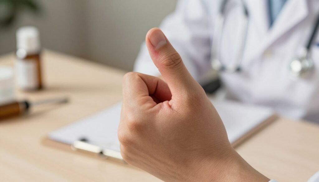 A focused close-up of a human hand with the thumb prominently displayed, showcasing signs of De Quervain's tenosynovitis. The thumb should appear slightly swollen, with visible redness around the base. The surroundings should include a gentle, soft-focus background featuring a doctor's office setting, with medical tools subtly placed on a nearby table. The lighting should be warm and inviting, highlighting the texture of the skin while casting natural shadows. Capture the scene from a slightly elevated angle to emphasize the thumb's condition, evoking a sense of concern and professionalism. The overall atmosphere should convey a sense of care and medical attention without any distractions.