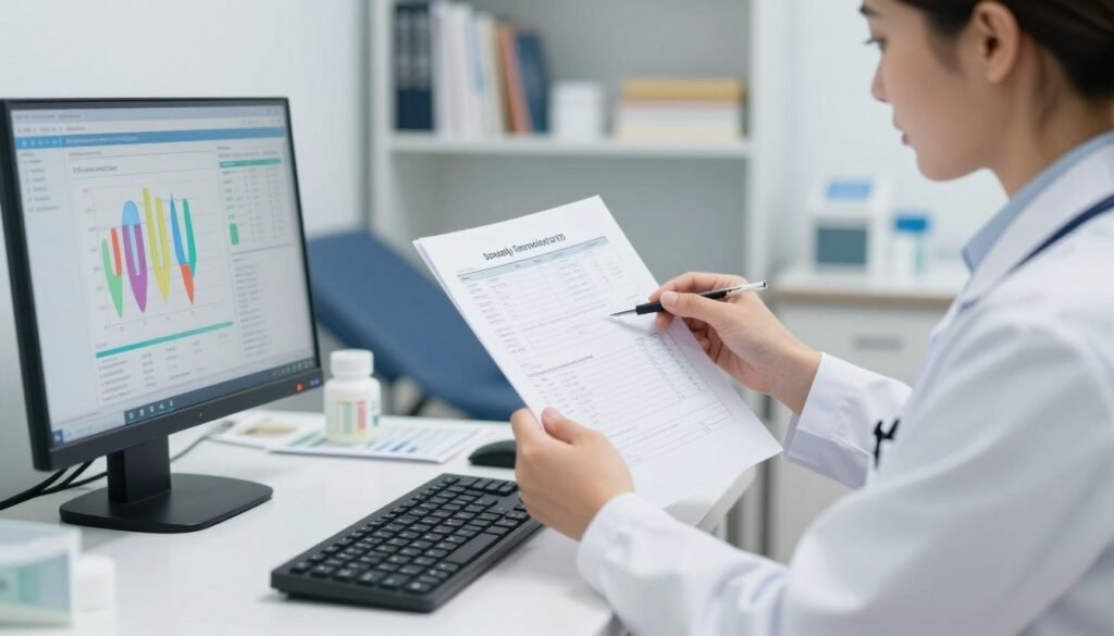 A medical professional in a well-lit clinic setting, wearing a white lab coat, examines test results for sexually transmitted infections (STIs). In the foreground, a computer screen displays colorful charts and graphs related to STI diagnosis. The middle ground features a medical examination table with clean, sterile instruments and a pamphlet on STI testing visible. In the background, shelves filled with medical books and supplies indicate a professional environment. The lighting is bright and clinical, emphasizing a sense of trust and professionalism. The atmosphere is serious yet supportive, reflecting the importance of accurate diagnosis and testing for reproductive health. A medical professional in a well-lit clinic setting, wearing a white lab coat, examines test results for sexually transmitted infections (STIs). In the foreground, a computer screen displays colorful charts and graphs related to STI diagnosis. The middle ground features a medical examination table with clean, sterile instruments and a pamphlet on STI testing visible. In the background, shelves filled with medical books and supplies indicate a professional environment. The lighting is bright and clinical, emphasizing a sense of trust and professionalism. The atmosphere is serious yet supportive, reflecting the importance of accurate diagnosis and testing for reproductive health.