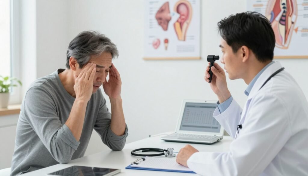 A medical professional in a well-lit, modern clinic, focused on diagnosing dizziness. In the foreground, a doctor in a professional business attire, attentively observing a patient seated on an examination table. The patient, a middle-aged individual, appears concerned and is discussing their symptoms with the doctor. In the middle ground, a medical chart and diagnostic tools, such as a stethoscope and otoscope, are visible, symbolizing the examination process. The background features posters of the inner ear and balance systems, enhancing the medical atmosphere. Soft natural light illuminates the scene, creating a calm and professional environment, conveying the seriousness of the diagnosis while ensuring a reassuring, supportive mood for the patient. A medical professional in a well-lit, modern clinic, focused on diagnosing dizziness. In the foreground, a doctor in a professional business attire, attentively observing a patient seated on an examination table. The patient, a middle-aged individual, appears concerned and is discussing their symptoms with the doctor. In the middle ground, a medical chart and diagnostic tools, such as a stethoscope and otoscope, are visible, symbolizing the examination process. The background features posters of the inner ear and balance systems, enhancing the medical atmosphere. Soft natural light illuminates the scene, creating a calm and professional environment, conveying the seriousness of the diagnosis while ensuring a reassuring, supportive mood for the patient.