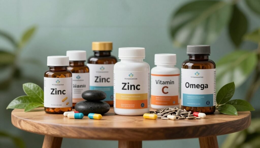 A neatly arranged display of vitamins and minerals beneficial for male fertility, featuring a variety of supplements in colorful capsules and tablets. The foreground includes a spotlight on a small wooden table showcasing bottles labeled with names like Zinc, Vitamin C, and Omega-3, each surrounded by fresh green leaves for an organic touch. In the middle, there are scattered dark stones symbolizing balance and health, with a sprinkle of sunflower seeds adding texture. The background fades into soft, blurred greens and blues, invoking a calm and refreshing atmosphere. The scene is softly lit, accentuating the vibrant colors of the supplements while maintaining a professional ambiance. The composition is at eye level, inviting viewers to explore the details of the capsules and the natural elements nearby. A neatly arranged display of vitamins and minerals beneficial for male fertility, featuring a variety of supplements in colorful capsules and tablets. The foreground includes a spotlight on a small wooden table showcasing bottles labeled with names like Zinc, Vitamin C, and Omega-3, each surrounded by fresh green leaves for an organic touch. In the middle, there are scattered dark stones symbolizing balance and health, with a sprinkle of sunflower seeds adding texture. The background fades into soft, blurred greens and blues, invoking a calm and refreshing atmosphere. The scene is softly lit, accentuating the vibrant colors of the supplements while maintaining a professional ambiance. The composition is at eye level, inviting viewers to explore the details of the capsules and the natural elements nearby.