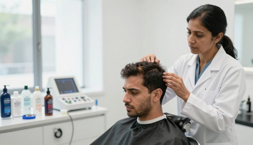 A professional consultation scene focused on scalp care, depicting a dermatologist examining a patient’s scalp in a well-lit clinic. In the foreground, the dermatologist, a middle-aged South Asian woman in a white lab coat, is gently inspecting the scalp of a young Middle-Eastern man sitting in a modern barber chair. The patient appears concerned about scalp issues, showcasing dry patches and dandruff. The middle ground features medical equipment and hair care products like shampoos and scalp treatments. In the background, soft natural light streams through a window, enhancing the calm and informative atmosphere of the setting. The overall mood is professional and supportive, emphasizing the importance of addressing scalp problems effectively. A professional consultation scene focused on scalp care, depicting a dermatologist examining a patient’s scalp in a well-lit clinic. In the foreground, the dermatologist, a middle-aged South Asian woman in a white lab coat, is gently inspecting the scalp of a young Middle-Eastern man sitting in a modern barber chair. The patient appears concerned about scalp issues, showcasing dry patches and dandruff. The middle ground features medical equipment and hair care products like shampoos and scalp treatments. In the background, soft natural light streams through a window, enhancing the calm and informative atmosphere of the setting. The overall mood is professional and supportive, emphasizing the importance of addressing scalp problems effectively.