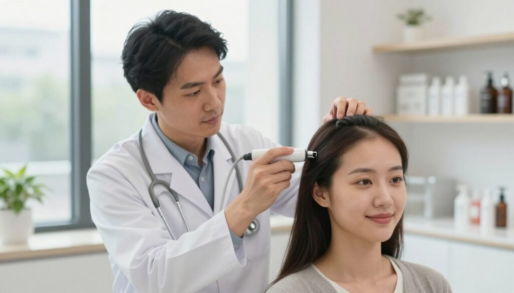 A professional dermatologist is seated in a modern clinic, examining a patient in front of a large window with natural light streaming in. The focus is on the patient's scalp area, highlighting hair thinning at the front. The dermatologist, dressed in a white lab coat with a stethoscope around their neck, is demonstrating a hair rejuvenation treatment technique using a medical device. The patient looks engaged and hopeful, showcasing healthy skin tones and a calm expression. The background features shelves with hair treatment products and a plant for a touch of warmth. The overall atmosphere is one of professionalism, hope, and expertise, captured with a soft focus and balanced lighting to emphasize the treatment process. A professional dermatologist is seated in a modern clinic, examining a patient in front of a large window with natural light streaming in. The focus is on the patient's scalp area, highlighting hair thinning at the front. The dermatologist, dressed in a white lab coat with a stethoscope around their neck, is demonstrating a hair rejuvenation treatment technique using a medical device. The patient looks engaged and hopeful, showcasing healthy skin tones and a calm expression. The background features shelves with hair treatment products and a plant for a touch of warmth. The overall atmosphere is one of professionalism, hope, and expertise, captured with a soft focus and balanced lighting to emphasize the treatment process.