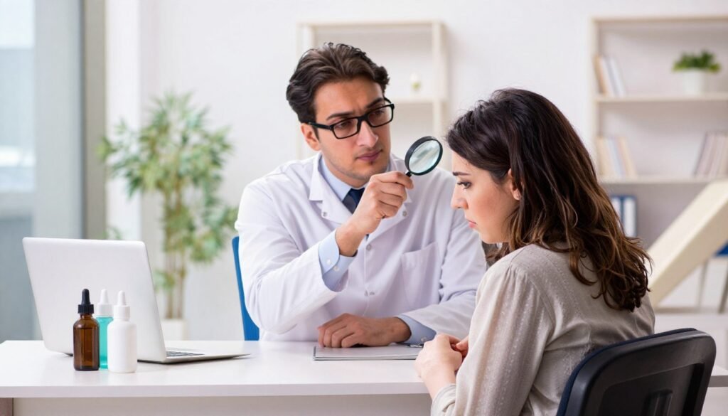 A professional doctor consulting a patient in a modern medical office focused on hair loss and vitamin deficiency. In the foreground, the doctor, a Middle-Eastern male in a white lab coat and glasses, is attentively examining a patient’s hair with a handheld magnifying glass. The patient, a Middle-Eastern female in modest casual attire, looks concerned but hopeful. In the middle ground, a desk with medical supplies, hair care products, and a laptop is visible. The background features a bright, inviting room with soft lighting and potted plants, creating a reassuring atmosphere. The scene captures a moment of empathy and professionalism, symbolizing the importance of seeking medical advice for hair health. A professional doctor consulting a patient in a modern medical office focused on hair loss and vitamin deficiency. In the foreground, the doctor, a Middle-Eastern male in a white lab coat and glasses, is attentively examining a patient’s hair with a handheld magnifying glass. The patient, a Middle-Eastern female in modest casual attire, looks concerned but hopeful. In the middle ground, a desk with medical supplies, hair care products, and a laptop is visible. The background features a bright, inviting room with soft lighting and potted plants, creating a reassuring atmosphere. The scene captures a moment of empathy and professionalism, symbolizing the importance of seeking medical advice for hair health.