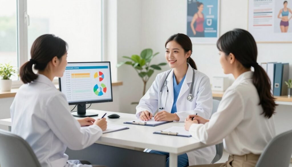 A professional medical consultation scene focused on weight loss, featuring a diverse group of specialists in a well-lit office environment. In the foreground, a doctor in a white coat and a nutritionist in smart casual attire engage with a patient sitting at a sleek modern desk. The middle ground includes colorful charts and graphs related to weight loss, displayed on the desk and walls, reflecting a positive atmosphere of health and wellness. The background shows a window with natural light streaming in, plants, and inspiring motivational posters. The mood is collaborative and encouraging, suggesting support and expertise in achieving weight loss goals. The image captures the essence of medical follow-ups for optimal weight loss outcomes, with an emphasis on professional attire and a clean, organized setting.